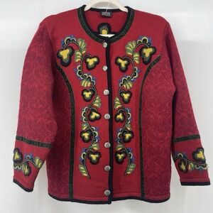 Vrikki Norwegian Wool Cardigan Sweater Red Embroidered Button Down Oversized XS